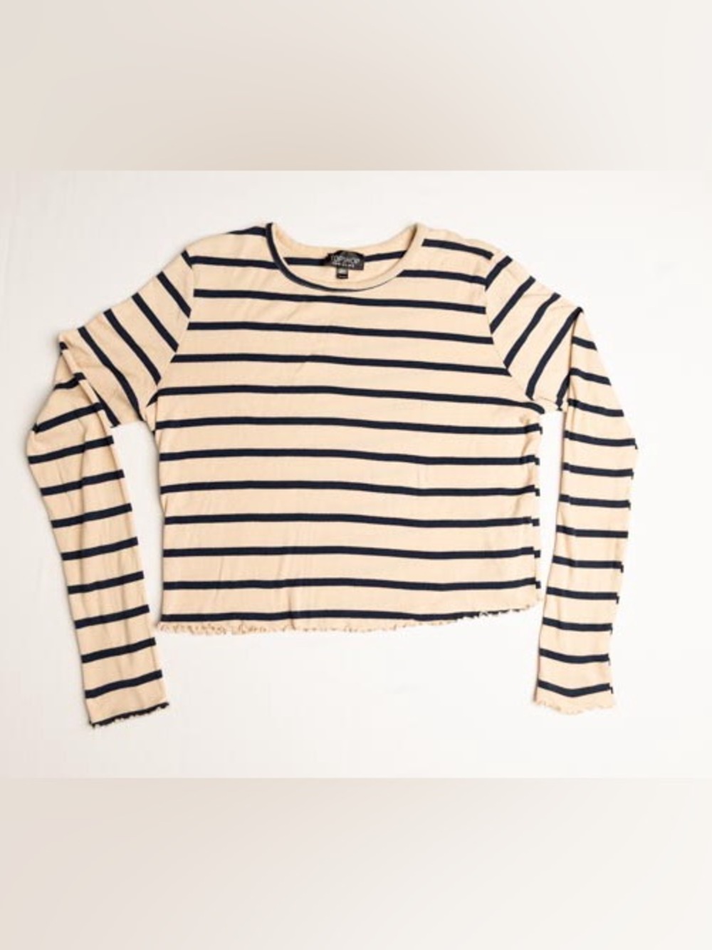 Topshop Striped Long Sleeve Crop Top Womens US 12 Cream Navy Lettuce Hem Tee